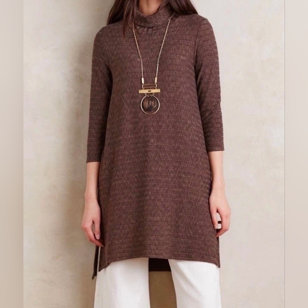 Anthropologie Puella Dress Brown Ribbed Turtleneck Tunic Dress, 3/4 Sleeve, XS